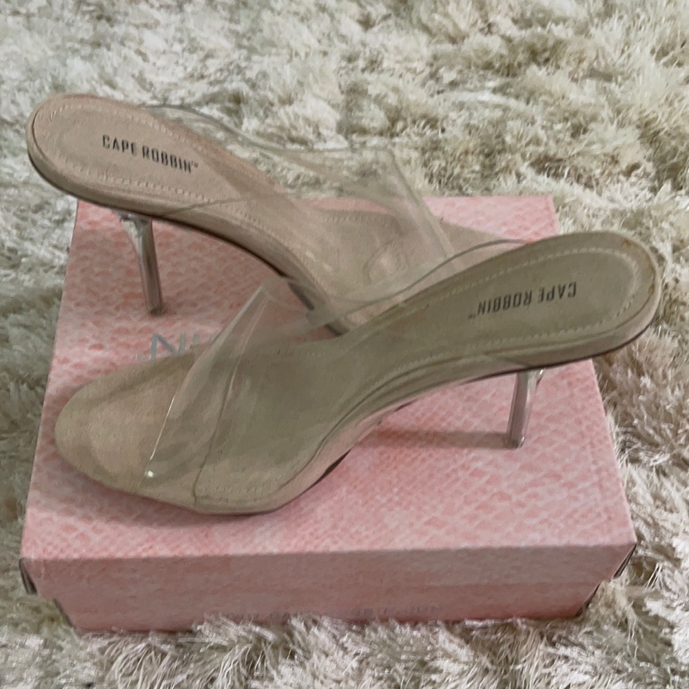Dressy strap slip on clear heels